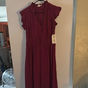 Time and Tru Burgundy Maxi Dress with Ruffle Sleeves